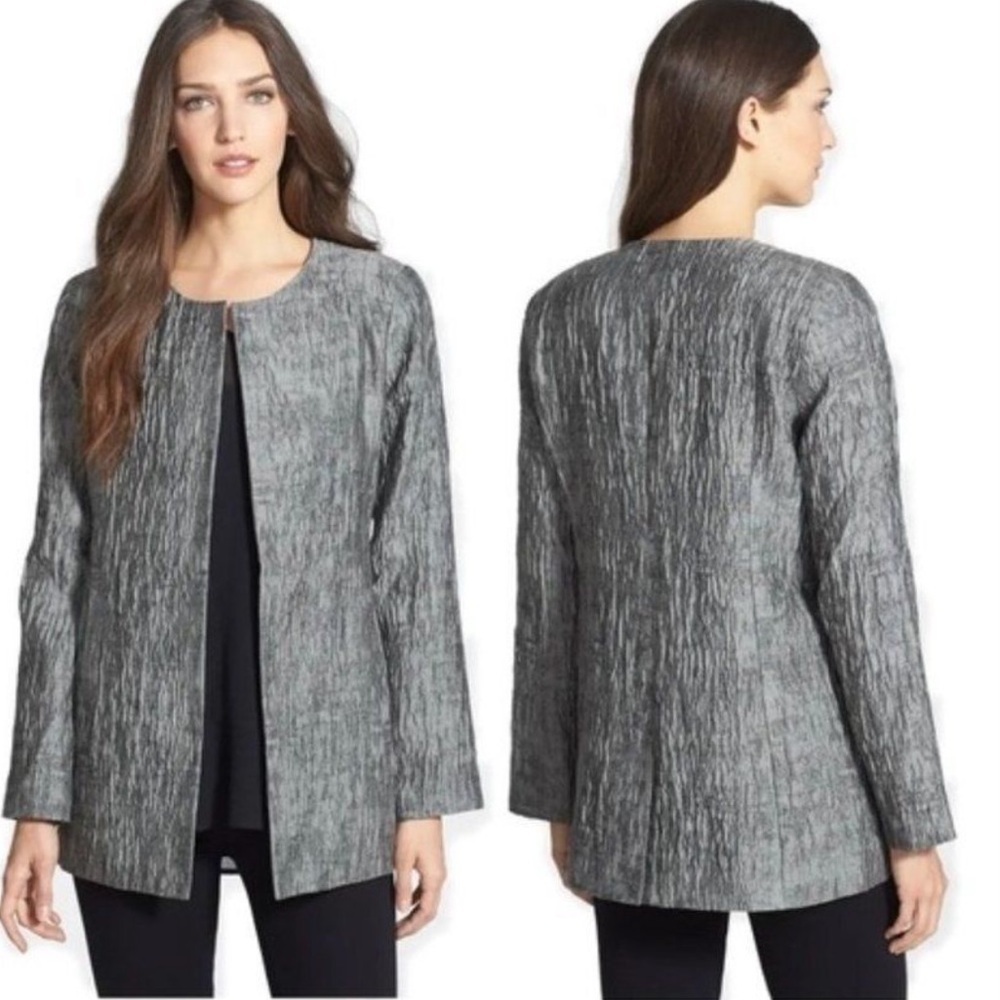 EILEEN FISHER Jacket Gray Crinkle Jacquard Cotton Silk blend Open Front